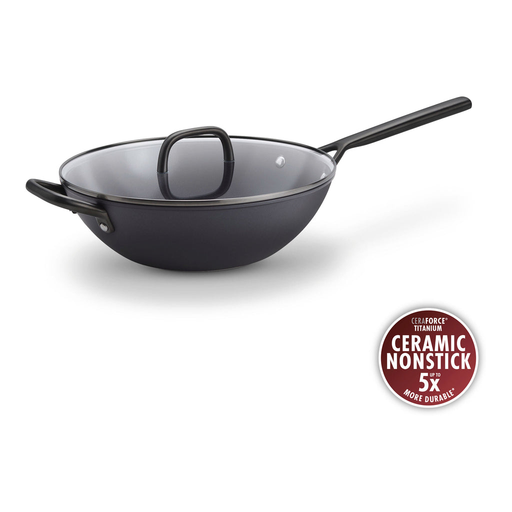 ZWILLING Milano 12-inch, Wok With Glass Lid Ceramic Nonstick Titanium