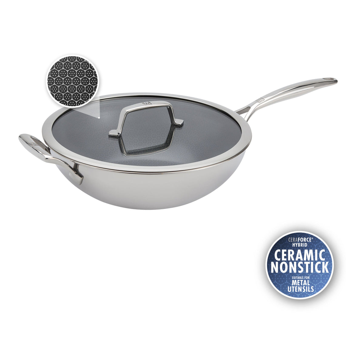 ZWILLING Peak 12-inch, 18/10 Stainless Steel, Wok With Lid Ceramic Hybrid