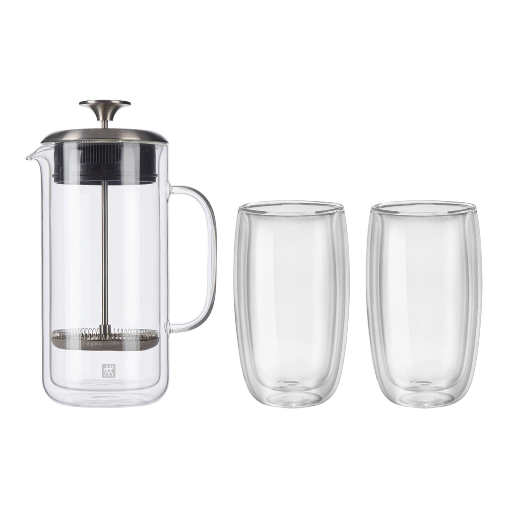 ZWILLING Sorrento Double Wall Glassware 3-pc French Press And Latte Glass Set