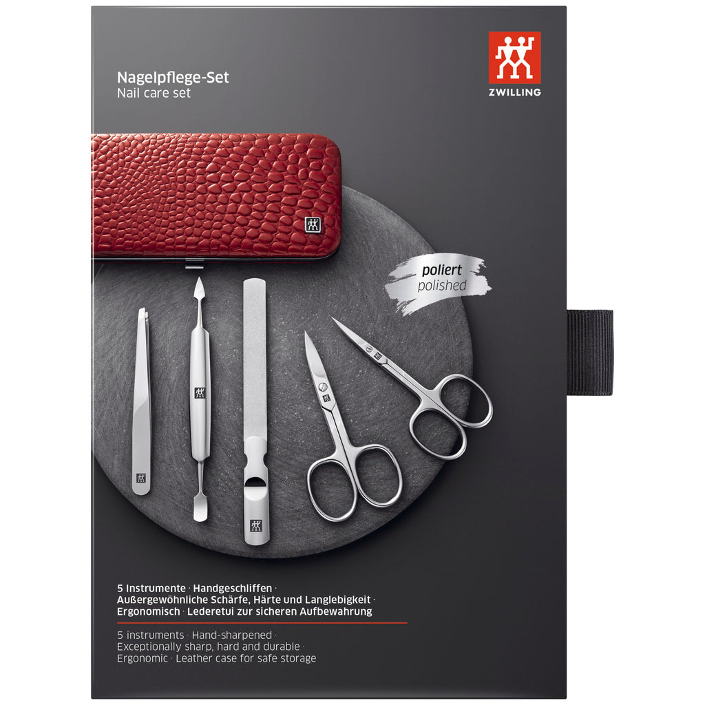 ZWILLING CLASSIC 5-pc, Red, Leather, Manicure Pedicure Set With Nail Scissors
