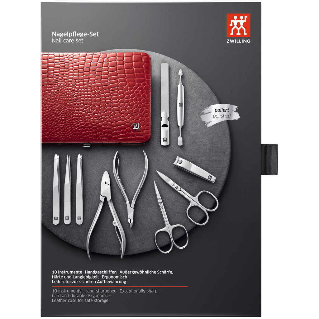 ZWILLING CLASSIC 10-pc, Red, Leather, Manicure Pedicure Set With Nail Clippers