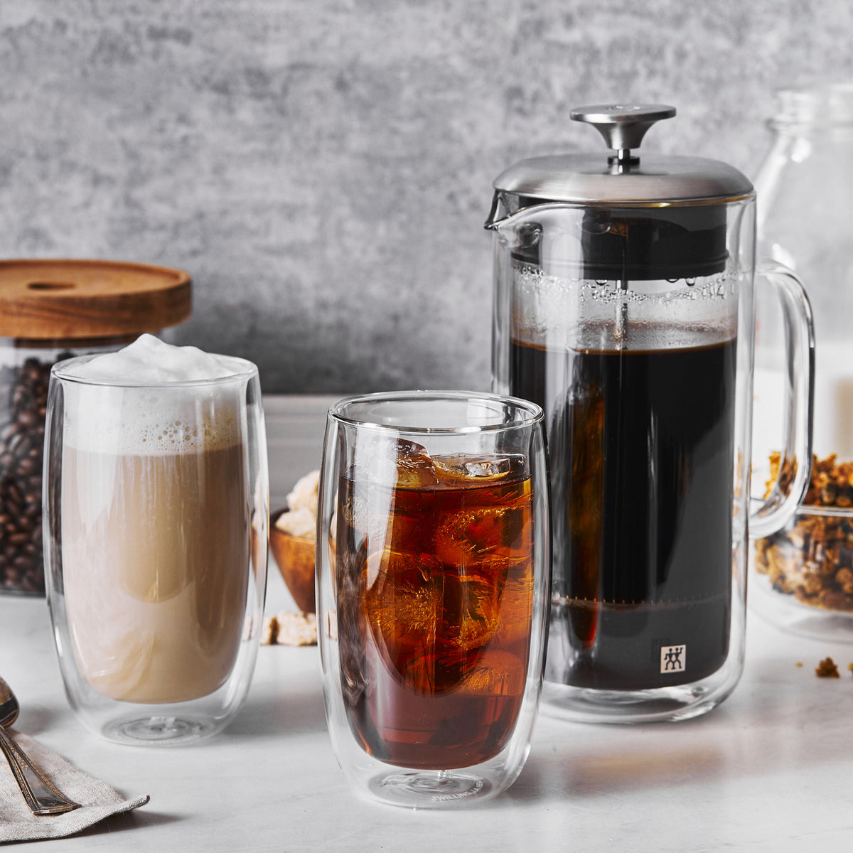 ZWILLING Sorrento Double Wall Glassware 3-pc French Press And Latte Glass Set