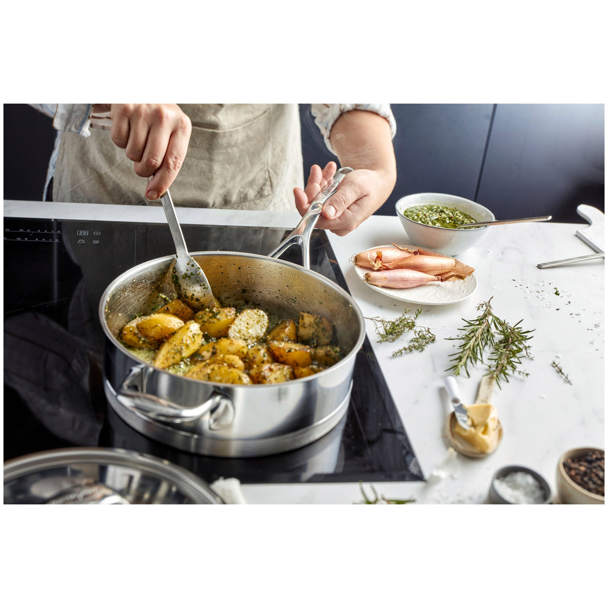 Demeyere Atlantis 3 qt Sauté Pan With Helper Handle And Lid, 18/10 Stainless Steel